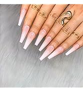Morily 24pcs Fake Nails Nude White Ombre Ballerina Long Coffin Glossy Press on Nail False Tips Ar...