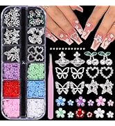 3D Flower Nail Charms and Gems, 30Pcs Silver Nail Gems 6 Shapes Cherry Butterfly Star Heart Plane...