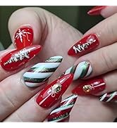 Christmas Press on Nails Medium Almond Fake Nails Red False Nails with Designs Xmas Tree Snowflak...
