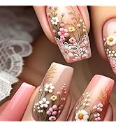 24Pcs Square Press on Nails Medium Length Fake Nails Flower Glue on Nails Glossy False Nails Full...