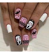 Halloween Press on Nails Medium Square Fake Nails with Glue Horror Ghost Face Glue on Nails Pink ...