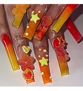24 Pcs Long Press on Nails Square RIICFDD Fake Nails Orange Gradient Full Cover Stick on Nails Ac...
