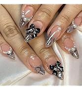 24 Pcs Nude Pink Press on Nails Short Almond - SHANRUN Black Lace French Tip Fake Nails Press ons...