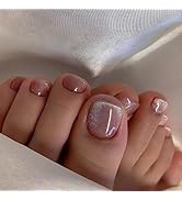 Pink Glitter Press on Toenails Short Square Fake Toe Nails Press ons with Design Full Cover Gloss...