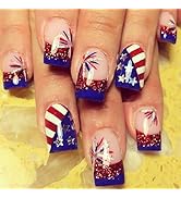 24pcs 4th of July Press on Nails Short Square Red Blue French Tip Fake Nails with Glitter Designs...