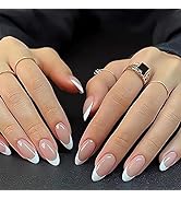 White French Tip Press on Nails Almond Shape Fake Nails Nude Medium False Nails Acrylic Artificia...