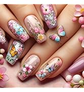24Pcs Spring Flower Press on Nails Medium Square Nails Butterfly Fake Nails Pink Blue Floral Glue...