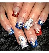 24Pcs 4th of July Press on Nails Medium Square Nails French Tip Fake Nails with Glitter Designs I...