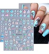 Summer Nail Stickers 5D Embossed Ocean Nail Decals Beach Nail Art Stickers 2PCS Blue Wave Fish Pa...