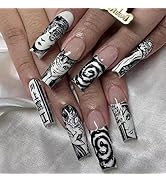 24Pcs Long Press on Nails Square French Tip Fake Nails Black White Punk Acrylic Nails Cartoon Ani...