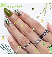 Summer Press On Nails Short Almond, SHOWMORE Green Leaves Fake Nails Medium Glue On Nails False N...