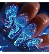 24Pcs Blue Jellyfish Press on Nails Medium Coffin Glossy Blue Gradient Acrylic False Nails Ombre ...