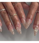 24 Pcs Nude Press on Nails Short Almond - SHANRUN Festival Fake Nails Press ons French Nail Art T...