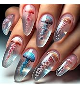 Ocean Press on Nails Medium Fake Nails Colorful Jellyfish False Nails Almond Nail Tips Cute Marin...