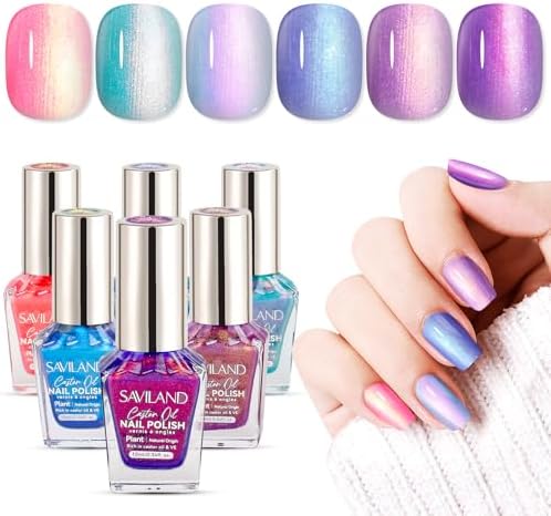SAVILAND 6pcs Ombre Nail Polish Sets: Charm Pink Blue Gold Purple Pearl Summer Fingernail Polish Colors Air Quick Dry Nail Polish Plant-base Castor Oil Natural Nail Lacquer Women Home Manicure DIY