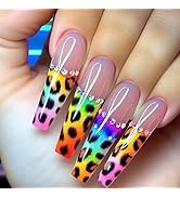 Cheetah Print Press on Nails Long Coffin Fake Nails with Rhinestones Design Colorful Leopard Fren...