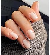 Morily Press on Nails - Nude Fake False Nails Short Square, Solid Color Glossy Squoval Stick on F...
