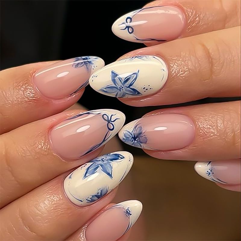 Mivota French Press On Nails Short Almond, Nude Base with Beige French Tips and Blue Floral Petal Design Glossy Gel Finish 24pcs Reusable Acrylic Fake Nails Kit for Women Natural Look Glue-On Nail Set