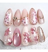 LPOODDNU 3D Handmade Press on Nails with Exquisite Designs Medium Almond Fake Nails Pink Cherry B...