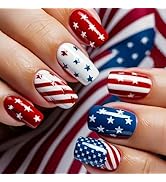 24Pcs Independence Day Press on Nails Medium Square Nails American Flag Fake Nails with Glue 4th ...