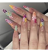 24 Pcs Nude Pink Press on Nails Long Stiletto Fake Nails with Daisy Flower Nail Tips Glue on Nail...