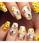 Tyuimhx Cute Bee Press on Nails Medium Coffin Fake Nail Yellow False Nails With Flowers Designs F...