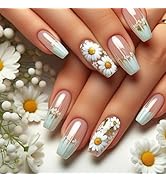 24Pcs French Tip Press on Nails Medium Square Nails Spring Summer Flower Fake Nails with Glossy D...