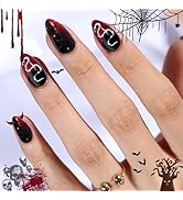Halloween Press On Nails Short Almond, SHOWMORE Black Red Ombre Goth Fake Nails Medium Snake Goth...