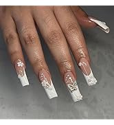 24 Pcs White Press on Nails French Tip Fake Nails Flower and Butterfly Charm Designs Glue on Nail...