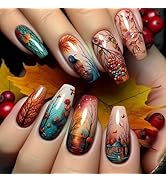 Medium Press on Nails Coffin Fake Nails with House Bird Designs Red Orange Blue Painted False Nai...