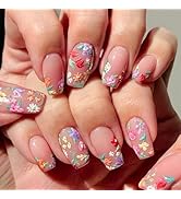 Short Press on Nails Flowers Fake Nails Square Glue on Nails Rose & Daisy Acrylic Nails Spring Ar...