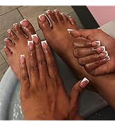 Pink Square Press on Nails Short & Press on Toenails Set - SHANRUN White French Fake Nails Press ...
