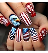4th of July Press on Nails Short Square Fake Nails American Flag Eagle Fireworks Striped Stars wi...
