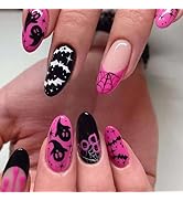 Halloween Press on Nails Medium Almond Fake Nails Pink False Nails with Designs French Tip Glue o...
