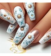 24Pcs Flower Press on Nails Medium Length Fake Nails Spring Summer False Nails Glossy Acrylic Nai...