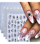 Spider Nail Art Stickers Halloween Nail Decals 3D Self-Adhesive Black White Gold Silver Spider We...
