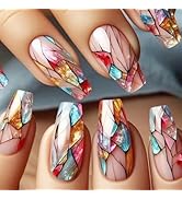 24Pcs Summer Press on Nails Coffin Fake Nails Irregular Colored Glass Geometric Patterns Design M...