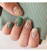 Tyuimhx Flower Press on Nails Short Square Fake Nail Green Spring False Nails Glossy Full Cover S...
