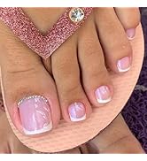 White French Press Short Square Fake Toe Nails - Nude Pink Acrylic Full Cover Glossy Summer Beach...
