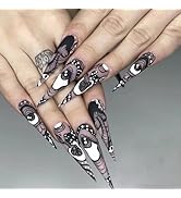 Gothic Press on Nails Long Almond Fake Nails Anime with Black Eye Design Full Cover False Nails A...