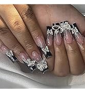 24Pcs Long Press on Nails Coffin Fake Nails French Tip Black Full Cover Silver Planet Rhinestones...