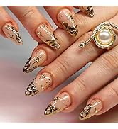 Gold French Tip Press on Nails Medium Almond Fake Nails with Star Rhinestones Design Gold Line Fa...
