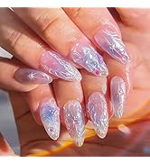 LPOODDNU Gradient Purple Press on Nails Almond Medium Fake Nails with 3D Pearls and Star Designs ...