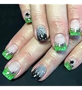 24Pcs Halloween French Tip Press on Nails - Short Square Fake With Spider Web Gem Charms Designs ...