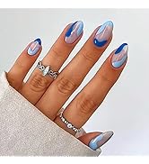 Blue Press on Nails Short, Almond Glossy Short False Nails Oval Shape Fake Nails French Stripe Wa...