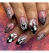 Halloween Press on Nails Almond Medium Fake Nails Black French Tip False Nails with Designs Spide...