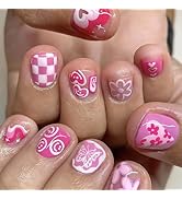 Extra Short Press on Nails Square RIICFDD Pink Fake Nails with Flower Designs Cute Butterfly Full...