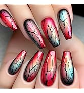 Medium Press on Nails Coffin Fake Nails with Red Black Green Gradient Crack Designs Halloween Nai...