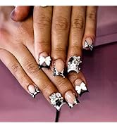 Short Square Press on Nails Black French Tip Fake Nails with 3D Bows Star Charms Design Full Cove...