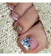 24pcs Press on Toenails Short Square Fake Toenails French Tip Press ones with butterfly designs A...